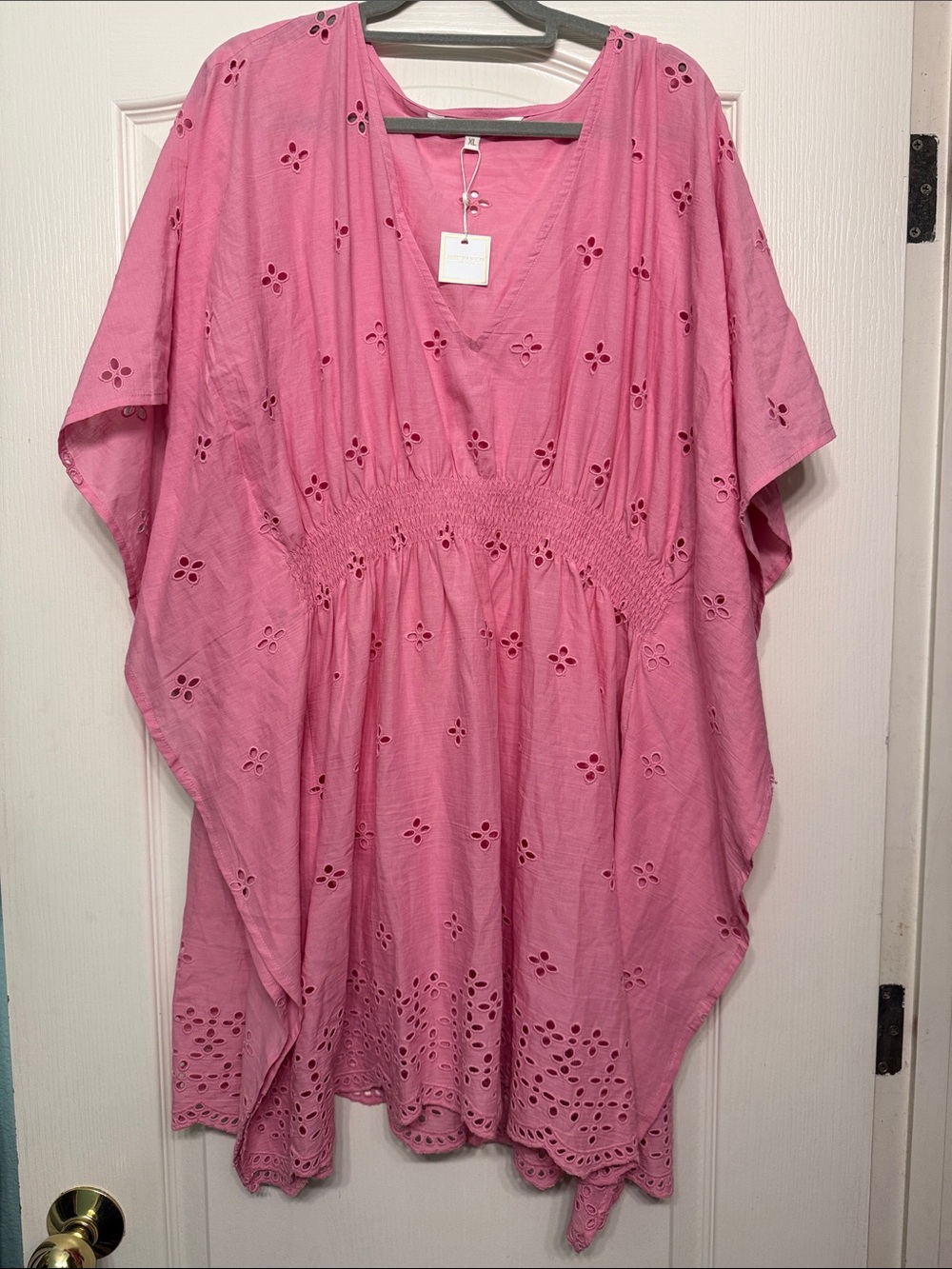 Shiraleah Rose Pink Eyelet V-Neck Smocked Waist Tunic/Cover up